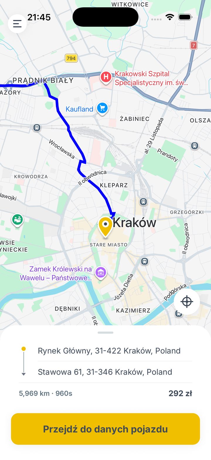 Tow Now customer app: a route across Kraków from the pickup point to the destination, with the price shown before confirming.