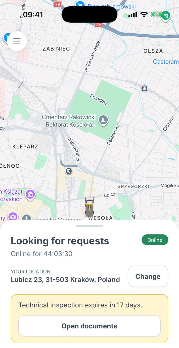 Tow Now driver app: the driver is online in Kraków and waiting for tow requests.