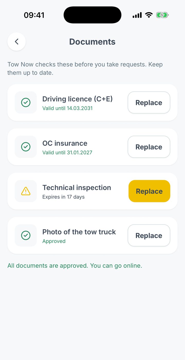 Driver documents: driving licence, insurance, technical inspection and truck photo with their validity.