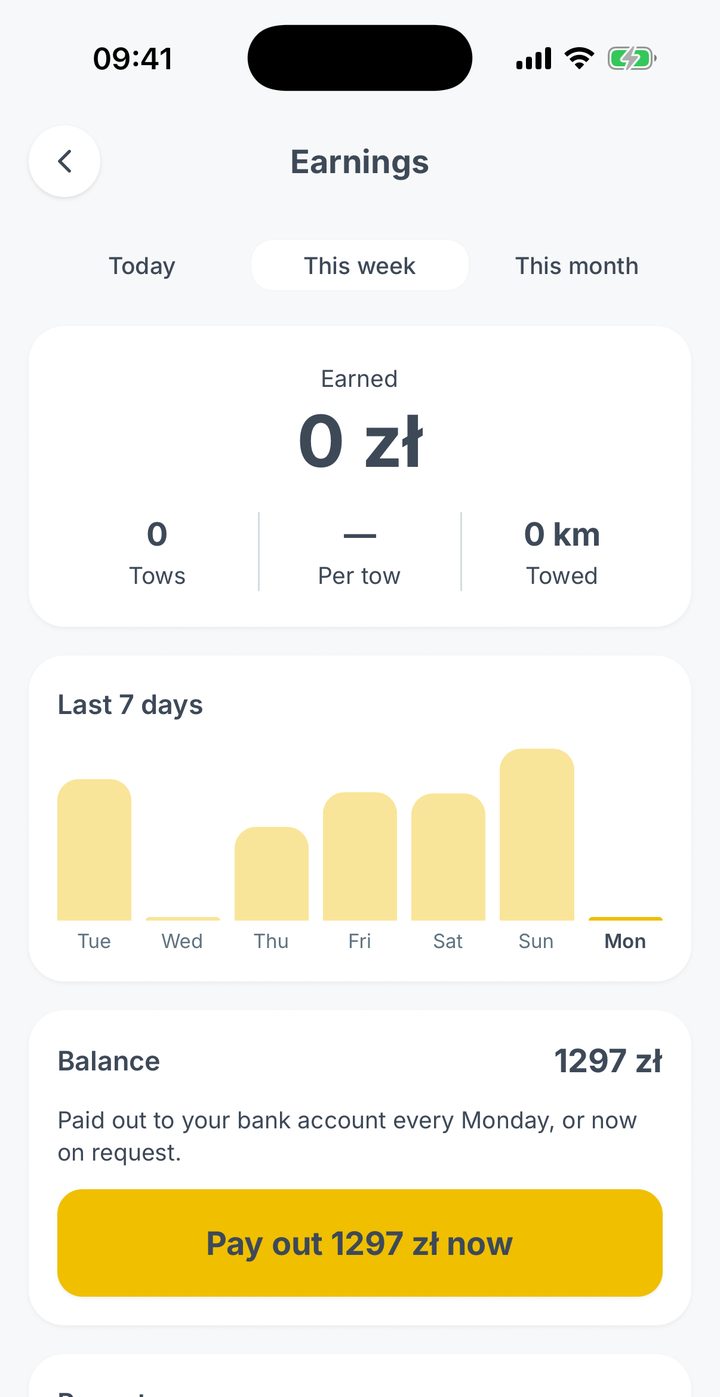 Driver earnings for the week with a daily chart and the balance ready to pay out.